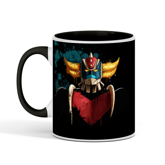 Tasse blanche Goldorak pour chocolat chaud avec design rétro-impression noire
